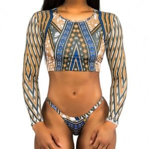 Geometric African Print Long Sleeve Tanga Swimsuit